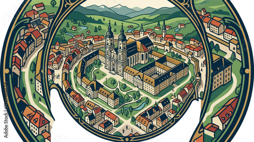 Vintage Illustration of a European Town with a Grand Cathedral.