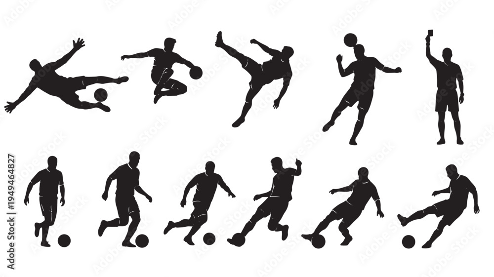 Obraz premium Silhouette Soccer Players Kicking Running Jumping For Sports Concepts on transparent background