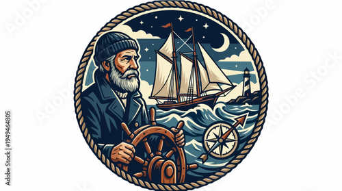 Old sea captain steering ship wheel at night with sailboat.