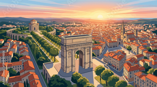 Arc de Triomphe at sunset in Paris France.