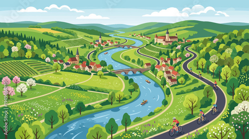 Lush Green Valley with Winding River and Charming Villages.