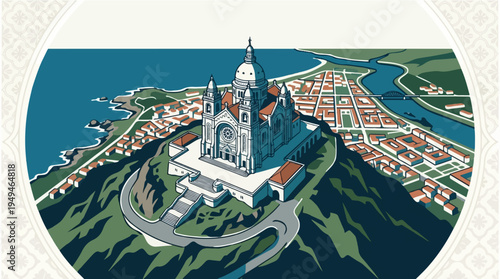 Panoramic view of a coastal city with a prominent cathedral on a hill overlooking the sea and a river.
