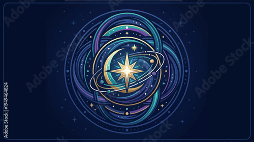 Intricate celestial compass with glowing star and orbiting elements.