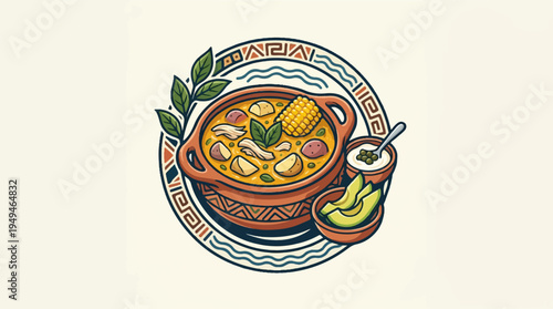 Traditional Latin American Stew in Clay Pot with Avocado and Cream.