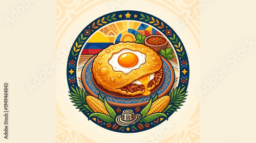 Traditional Colombian Arepa with Fried Egg and Meat Filling.