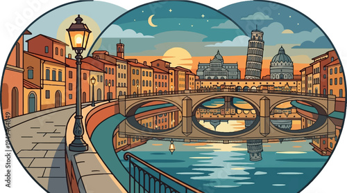 Vibrant illustration of a European city with a river and bridge at sunset.