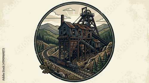 Vintage Illustration of an Old Mining Operation with a Headframe and Buildings.