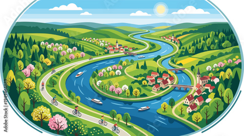 Winding River Landscape with Villages and Green Hills.