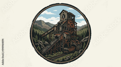Abandoned mining mill in a mountainous landscape.