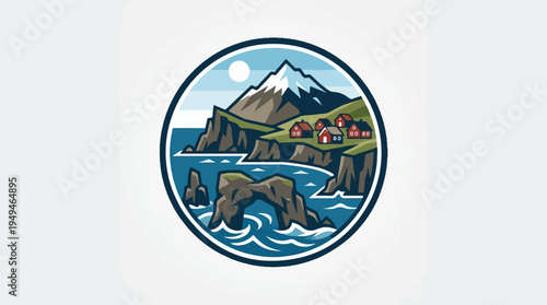 Coastal Landscape with Mountain and Village in a Circular Emblem.