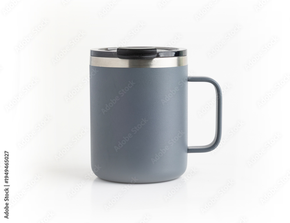 Poster, Print Thermos Mug. Stainless Steel Thermos Cup on white background., 40x30 cm