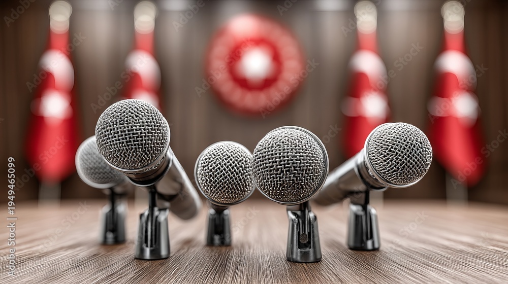 Obraz premium Multiple Microphones Positioned Closely Together at a Press Conference Setup