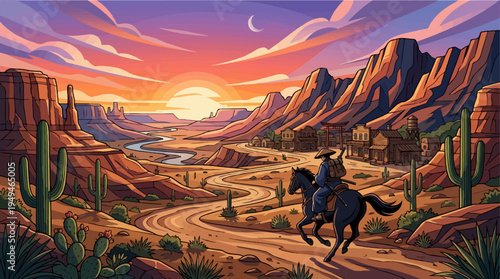 Cowboy riding horse through desert landscape at sunset.