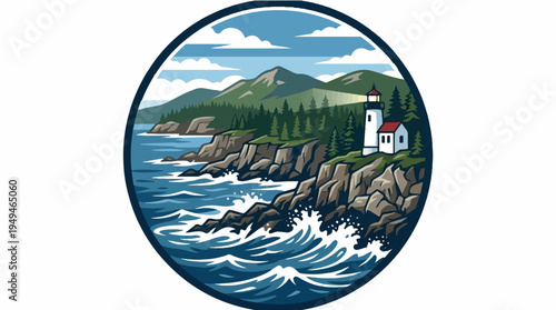 Coastal Lighthouse on Rocky Shoreline with Crashing Waves.