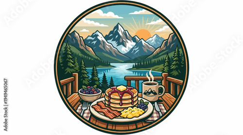 Hearty breakfast with pancakes bacon and eggs by a mountain lake.
