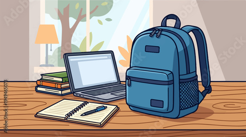 School backpack laptop books and notebook with pen on a wooden desk.