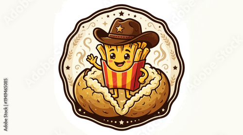 Cute Cartoon French Fries Character in Cowboy Hat Sitting in Baked Potato.
