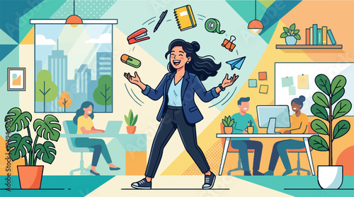 Professional woman juggling multiple office items with skill and ease.