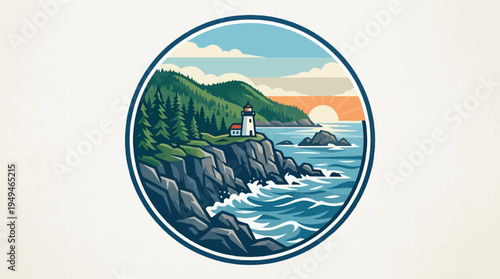 Lighthouse on a rugged coastline at sunset with crashing waves and green trees.