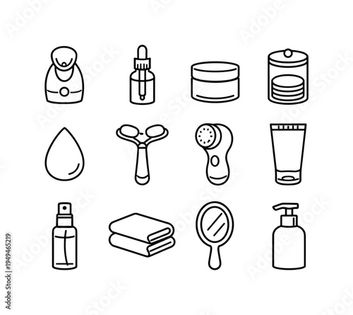 Cosmetic facial care tools: facial steamer device, serum dropper bottle, cream jar, cotton pads container, beauty sponge, face roller tool, facial brush device, skincare tube