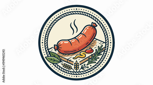 Steaming sausage on cutting board with mustard and ketchup in a circular emblem.