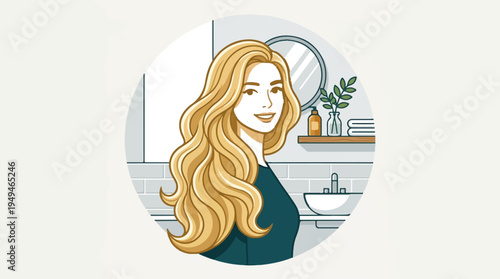 Beautiful woman with long wavy blonde hair smiling confidently.