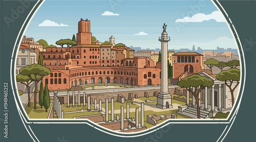 Ancient Roman Forum with Historic Columns and Buildings.