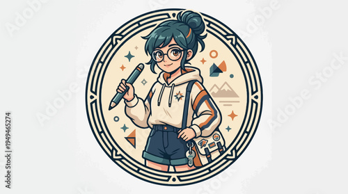 Anime girl with glasses and pen in hand ready to create.
