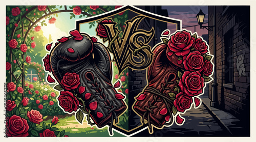 Two ornate gauntlets adorned with red roses facing each other with a VS shield.