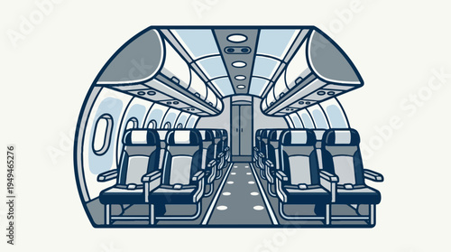 Empty airplane cabin interior with rows of seats and overhead compartments.