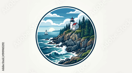 Lighthouse on a rugged coastline with crashing waves and a distant sailboat.