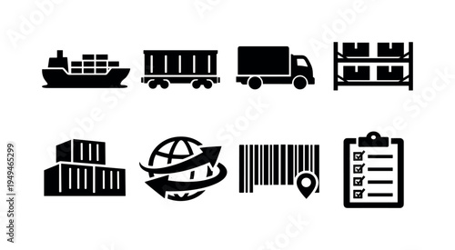 Supply chain logistics: cargo ship container, freight train wagon, delivery truck box, warehouse storage racks, shipping container stack, global route arrows, package tracking