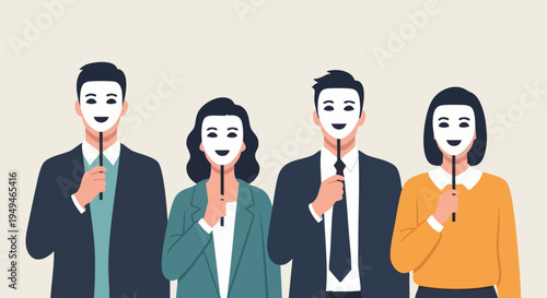 Business people holding white masks, hiding true emotions and identity, representing impostor syndrome, fake personality, or hidden feelings in a professional work environment vector illustration
