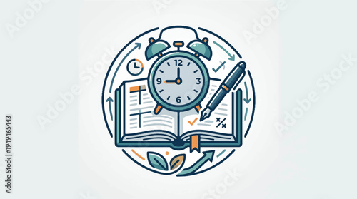 Time Management and Productivity Planning with Alarm Clock and Book.