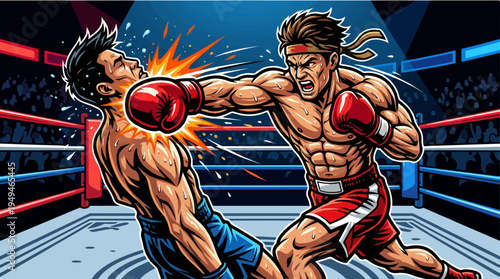 Two muscular boxers engaged in an intense fight one delivering a powerful punch.