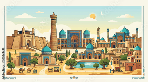 Ancient Silk Road Cityscape with Historic Islamic Architecture and Bustling Market Scene.