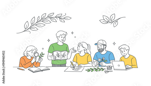 A calm botanical illustration moment where a small creative team studies plant forms and prepares natural decorative elements for design projects inspired by organic environments