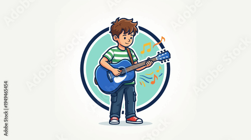 Young boy playing a blue acoustic guitar with musical notes.