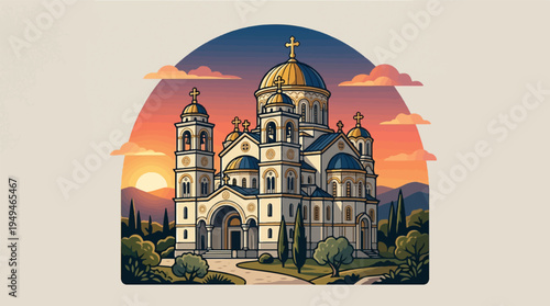 Grand Orthodox Cathedral with Golden Domes and Intricate Architecture.