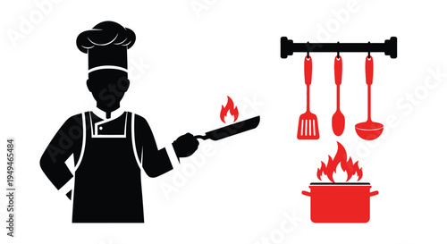 A stylized chef illustration with cooking tools and fiery elements