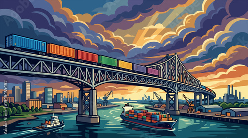 Train crossing a bridge over a river with boats.