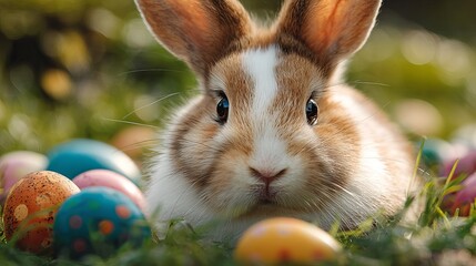 A cute brown and white rabbit sitting in grass surrounded by colorful Easter eggs on a sunny day