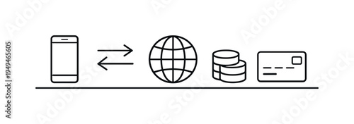 Modern financial technology and digital money transfer service enabling quick mobile payments and seamless global transactions, smartphone, arrow exchange, coin stack, globe, and