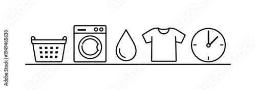 Home laundry management and efficient clothing washing process using modern household appliances for convenient daily chores, washing machine, laundry basket, water drop, t-shirt