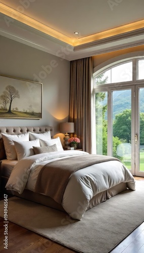 Luxurious master bedroom retreat with plush bedding, elegant decor, and large windows offering natural light Perfect for a relaxing escape , hotel, serene