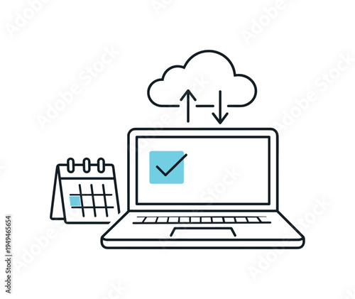 Remote work productivity and balanced digital collaboration in a modern flexible workday, a laptop with a small calendar and a cloud connection symbol forming a simple focused