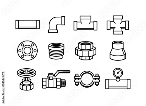 Industrial pipe fittings: straight pipe section, ninety degree elbow pipe, tee pipe connector, cross pipe fitting, flange joint plate, threaded pipe coupling, union connector joint