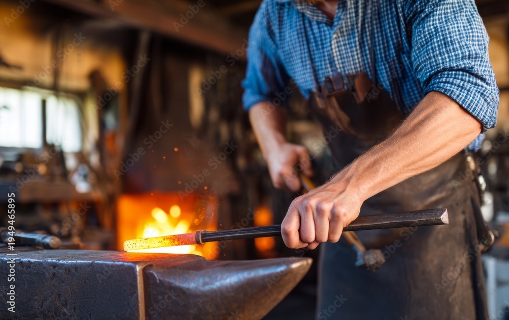 Fototapeta premium Blacksmith Working with Glowing Metal Bar while Using Tongs in Workshop