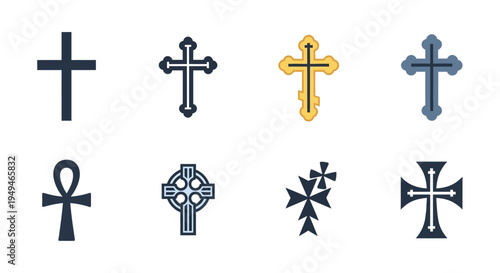 Collection of various christian crosses and an ankh displayed in a grid