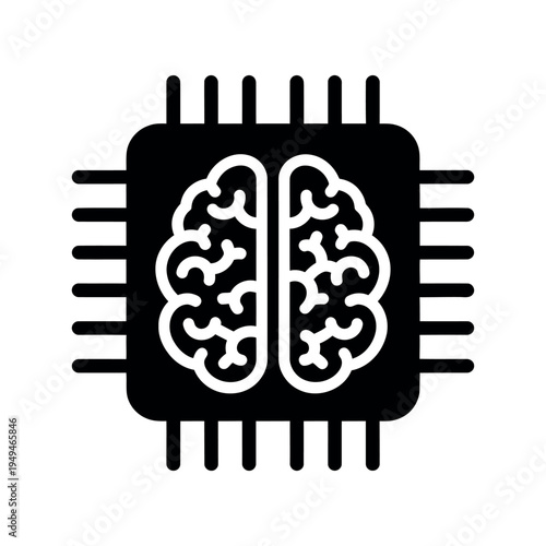 Central processing unit microchip icon with human brain silhouette symbolizing artificial intelligence and cognitive computing